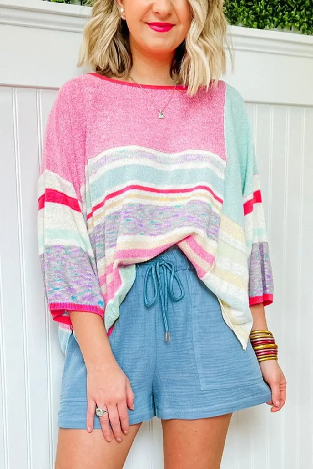 Pink color block striped three-quarter sleeve knitted top - sweaters & cardigans