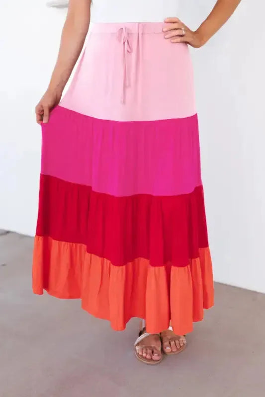 Pink Color Block Tiered Drawstring High Waist Maxi Skirt - Fashionfitz