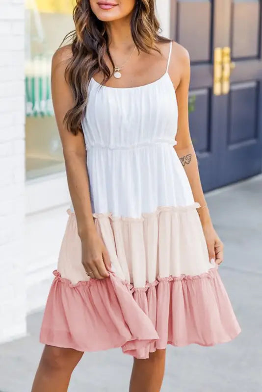 Pink color block tiered drawstring high waist maxi skirt - multicolor / s / 95% cotton + 5% elastane - bottoms