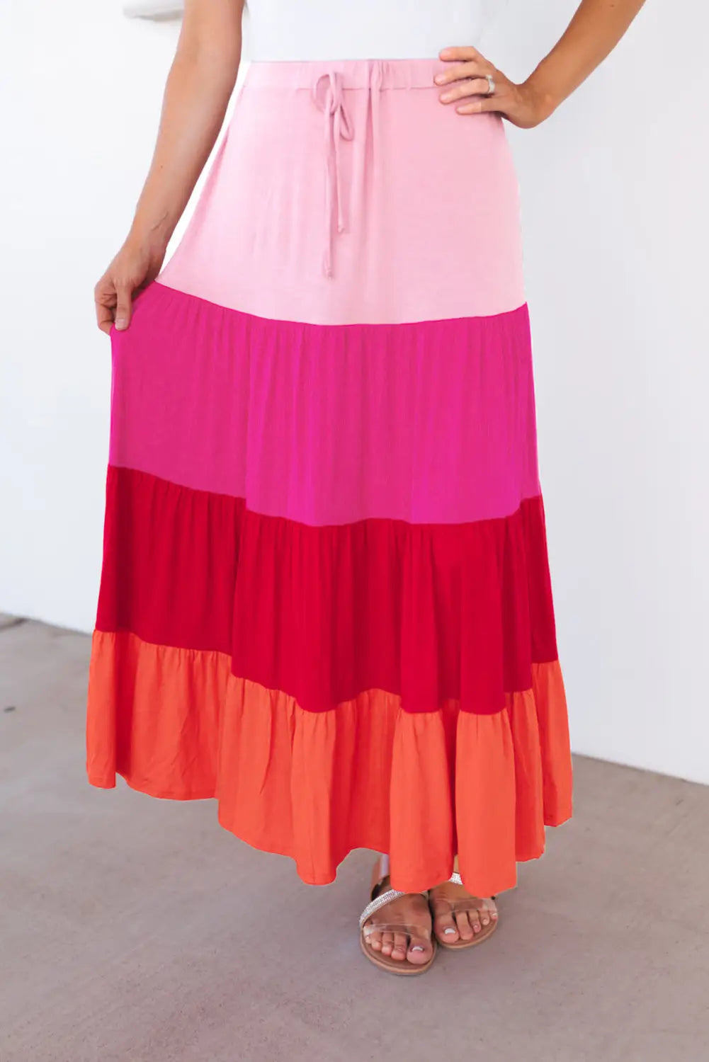 Pink color block tiered drawstring high waist maxi skirt - s / 95% cotton + 5% elastane - bottoms