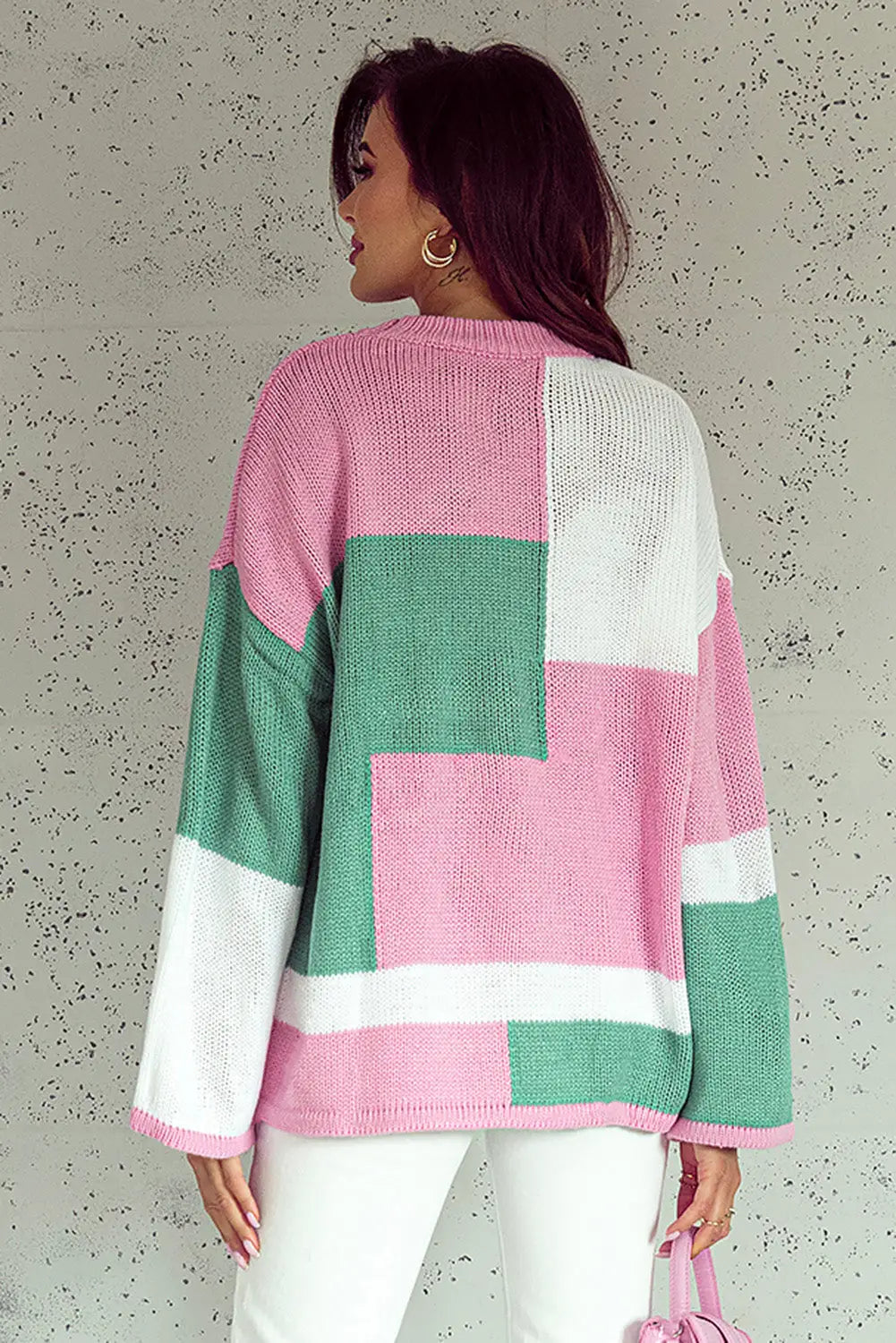 Pink colorblock drop shoulder bell sleeve sweater - tops