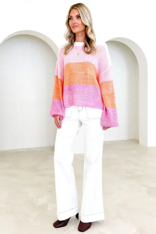 Pink colorblock drop shoulder pullover loose sweater - sweaters & cardigans