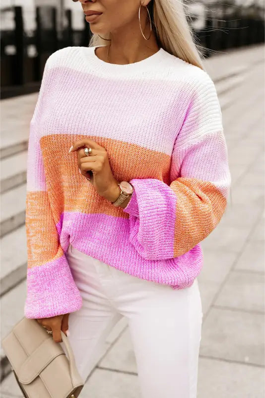 Pink colorblock drop shoulder pullover loose sweater - sweaters & cardigans