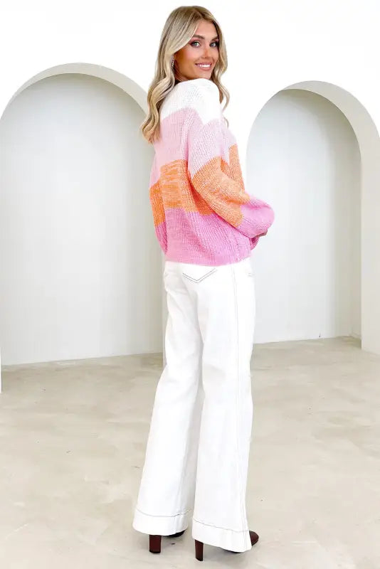 Pink colorblock drop shoulder pullover loose sweater - sweaters & cardigans