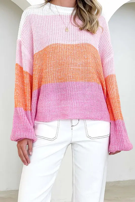 Pink colorblock drop shoulder pullover loose sweater - sweaters & cardigans