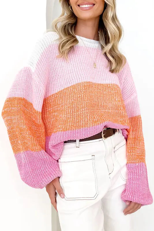 Pink colorblock drop shoulder pullover loose sweater - sweaters & cardigans