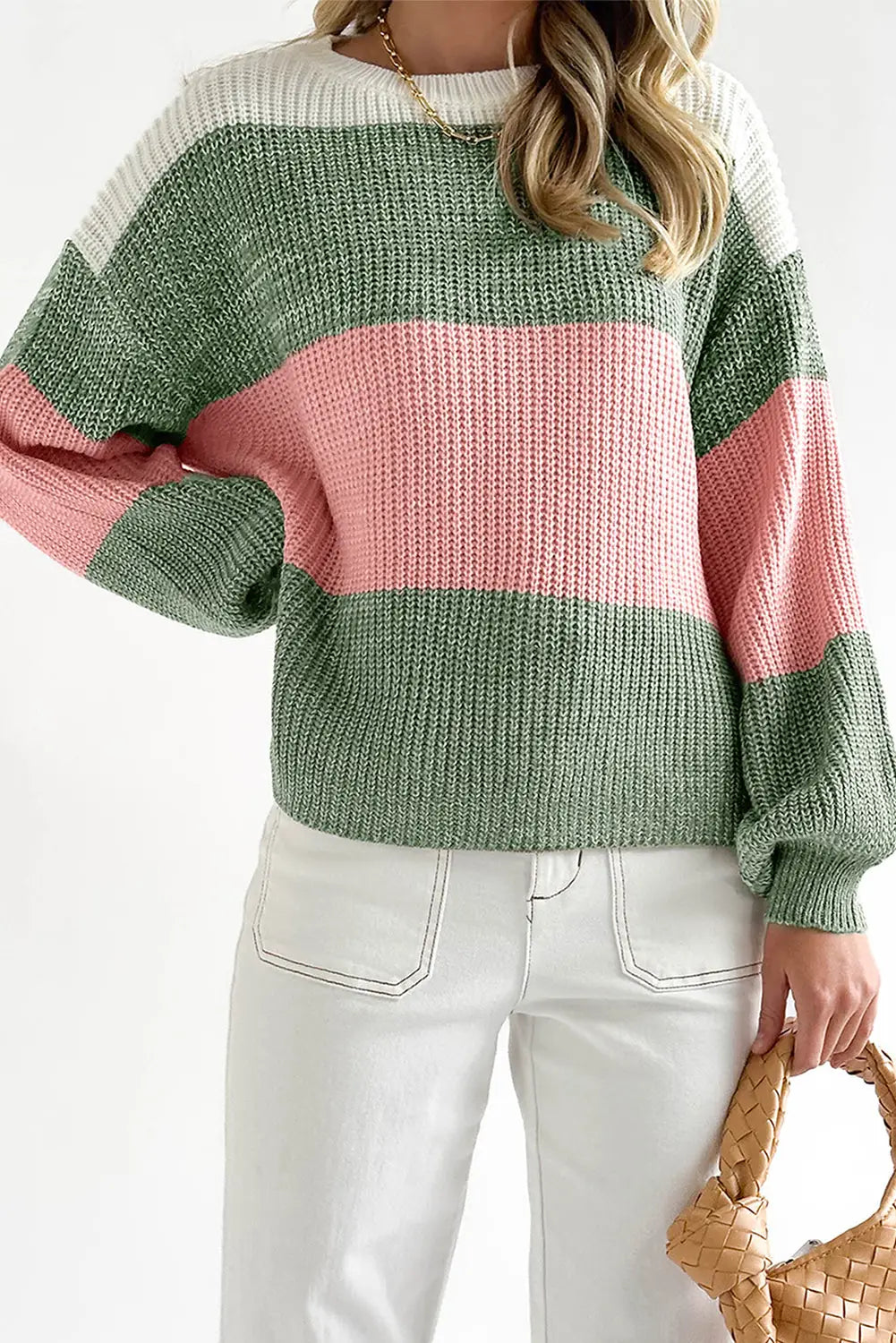 Pink colorblock drop shoulder pullover loose sweater - green-2 / l / 60% cotton + 40% acrylic - sweaters & cardigans