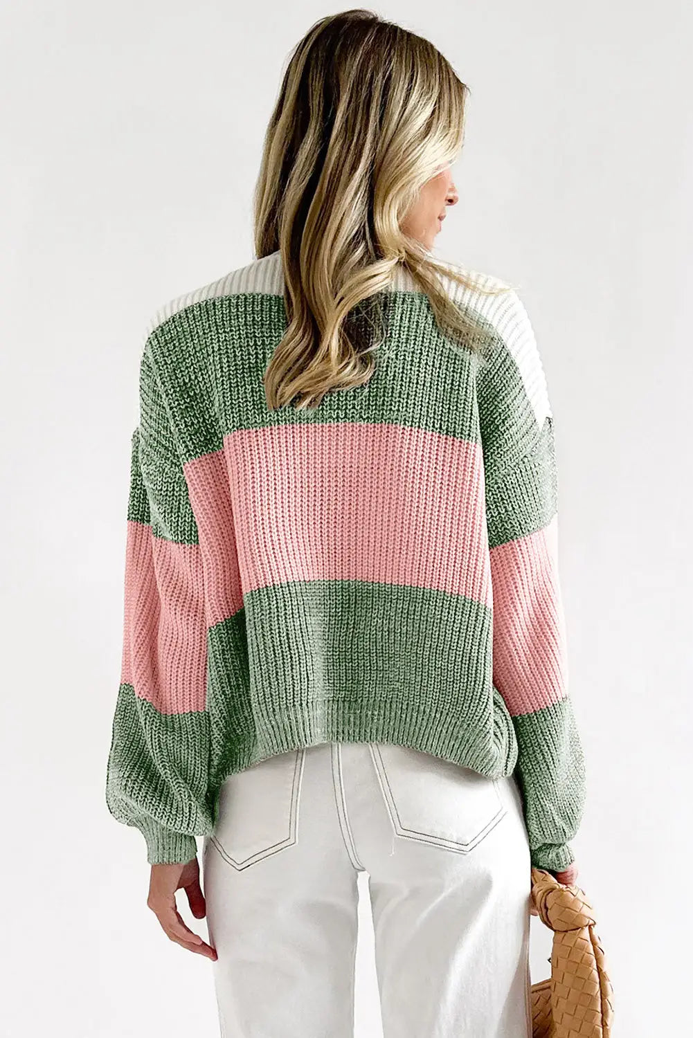 Pink colorblock drop shoulder pullover loose sweater - sweaters & cardigans