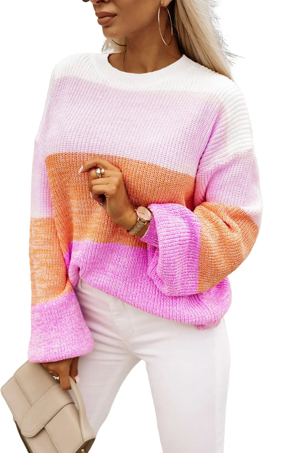 Pink colorblock drop shoulder pullover loose sweater - sweaters & cardigans