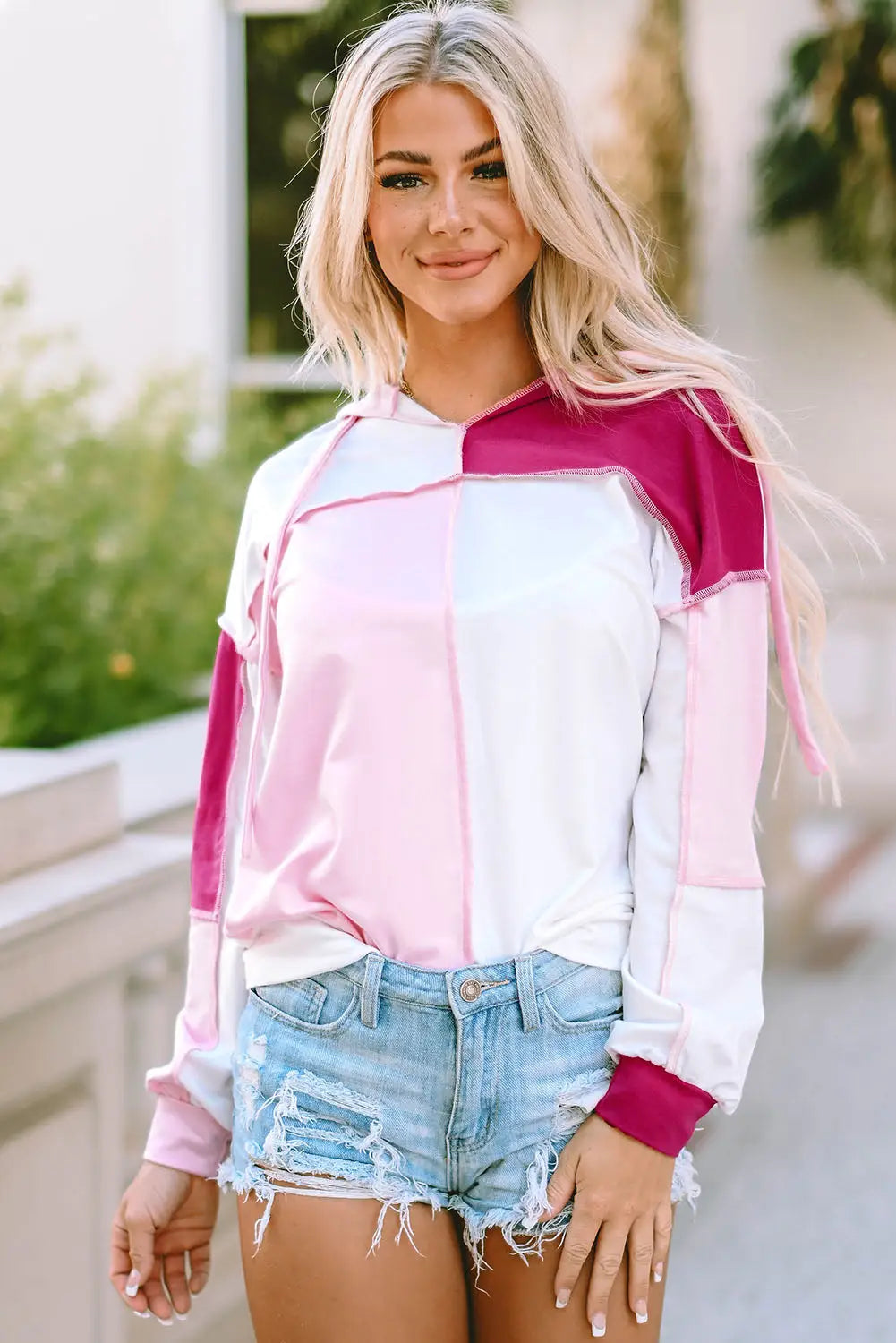 Pink colorblock exposed seam loose sleeve hoodie - s / 75% polyester + 20% cotton + 5% elastane - sweatshirts & hoodies
