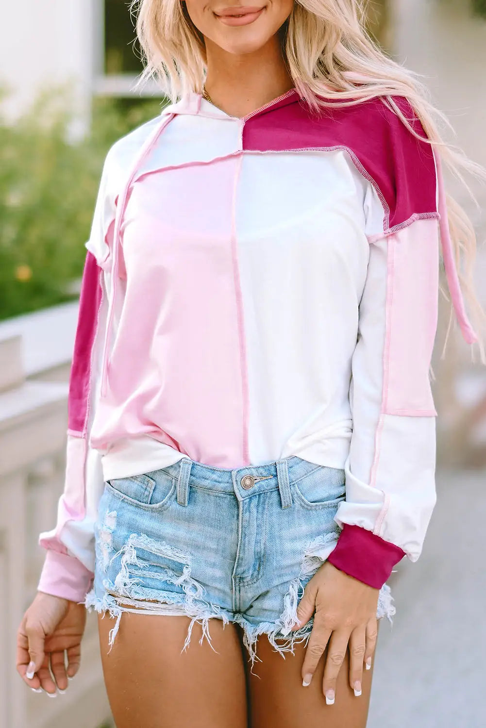Pink colorblock exposed seam loose sleeve hoodie - sweatshirts & hoodies