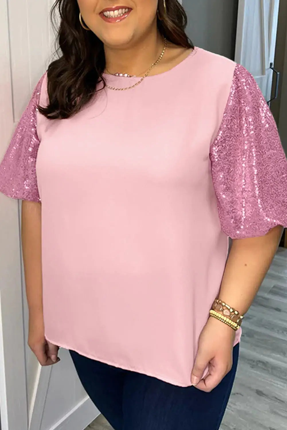 Pink contrast sequin bubble sleeve plus size t-shirt - 1x / 95% polyester + 5% elastane