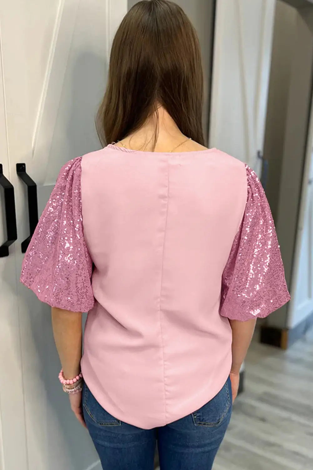 Pink contrast sequin bubble sleeve plus size t-shirt