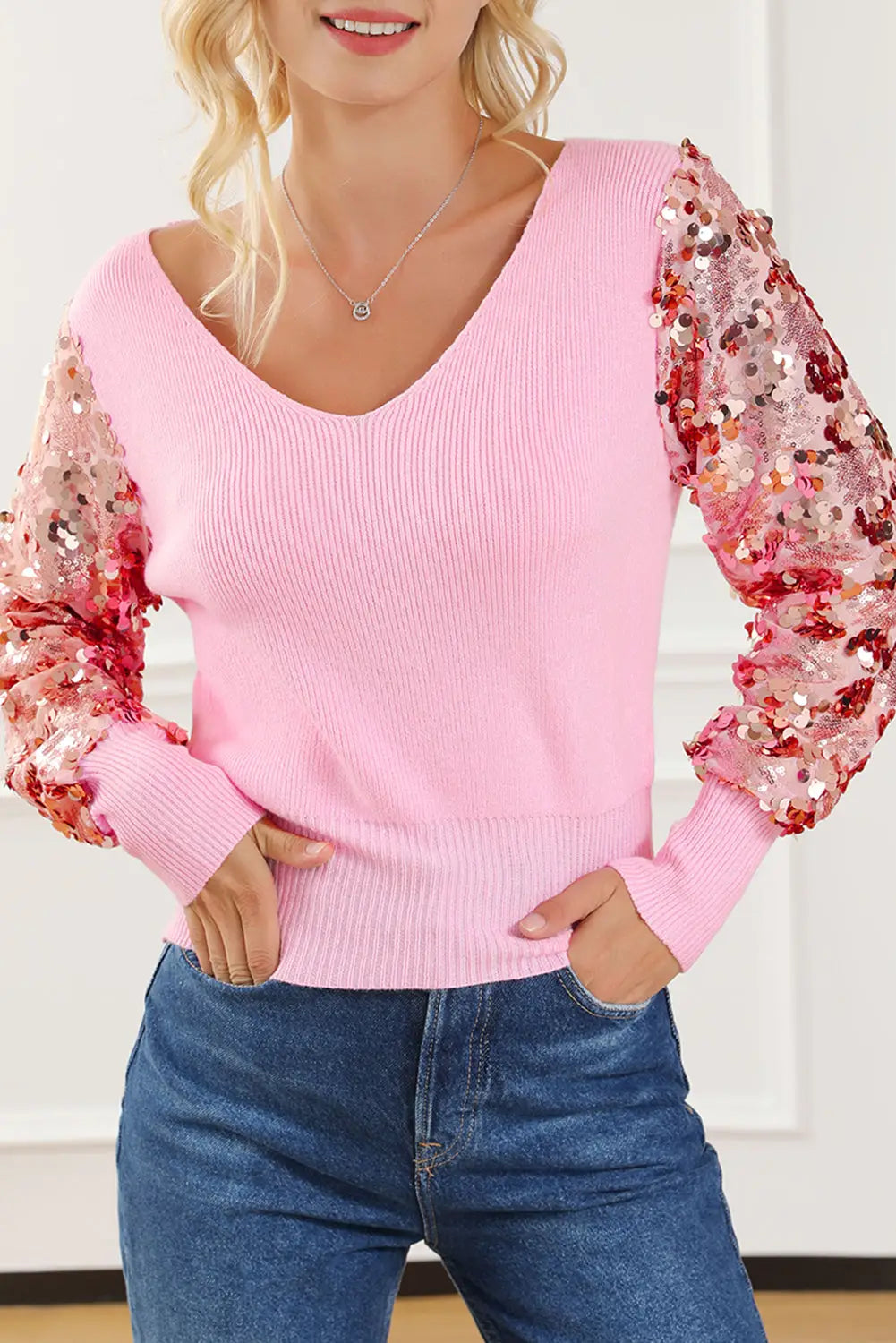 Pink contrast sequin sleeve v neck ribbed knit sweater - l /