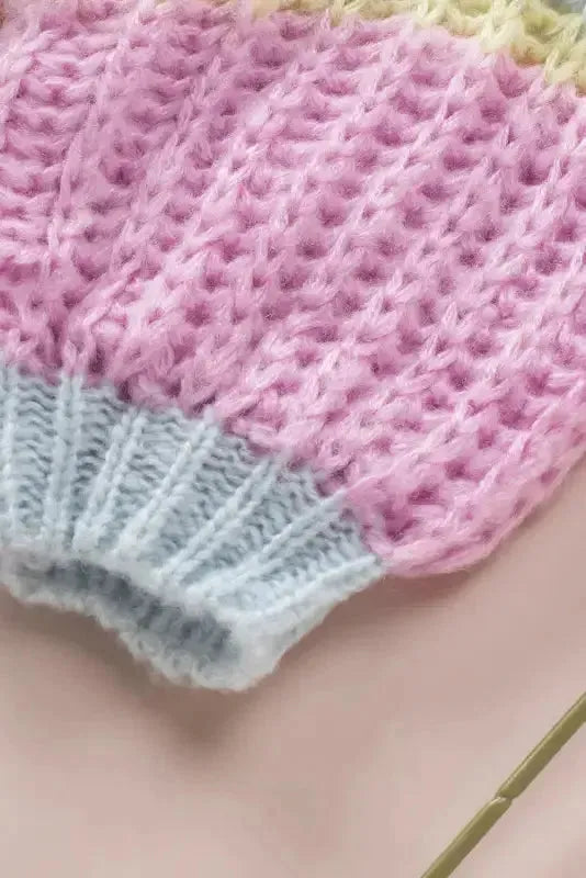 Pink Contrast Striped Open Front Cable Cardigan - Fashionfitz