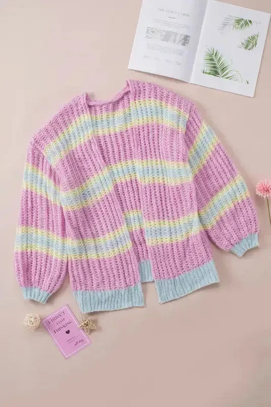 Pink Contrast Striped Open Front Cable Cardigan - Fashionfitz