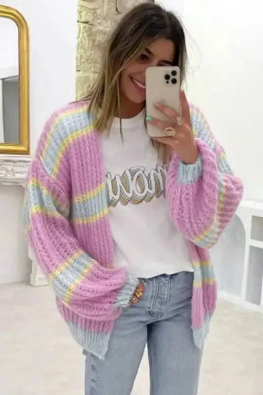 Pink Contrast Striped Open Front Cable Cardigan - Fashionfitz