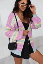 Pink Contrast Striped Open Front Cable Cardigan - Fashionfitz