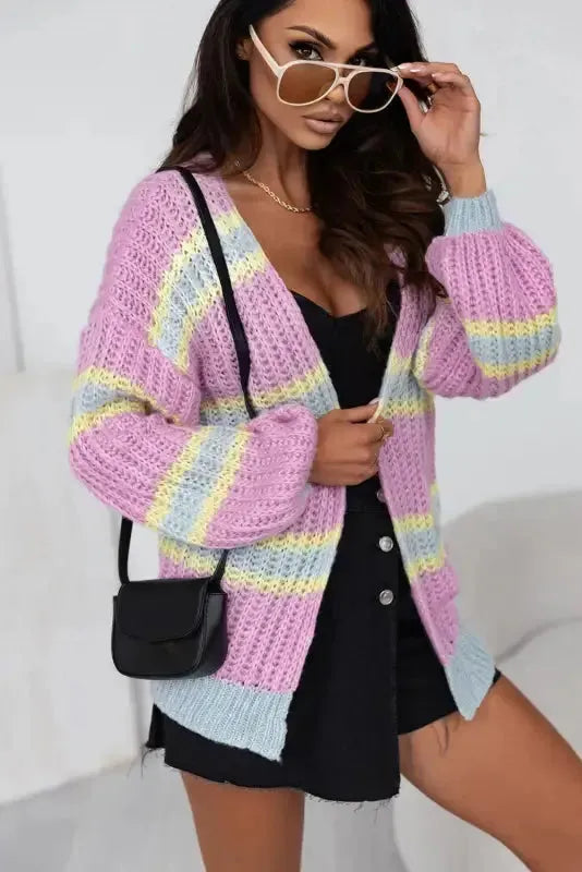 Pink Contrast Striped Open Front Cable Cardigan - Fashionfitz
