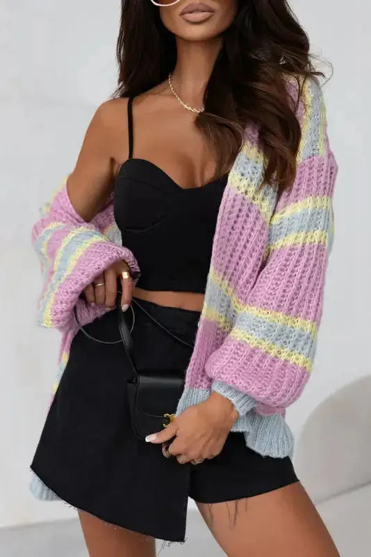 Pink Contrast Striped Open Front Cable Cardigan - Fashionfitz
