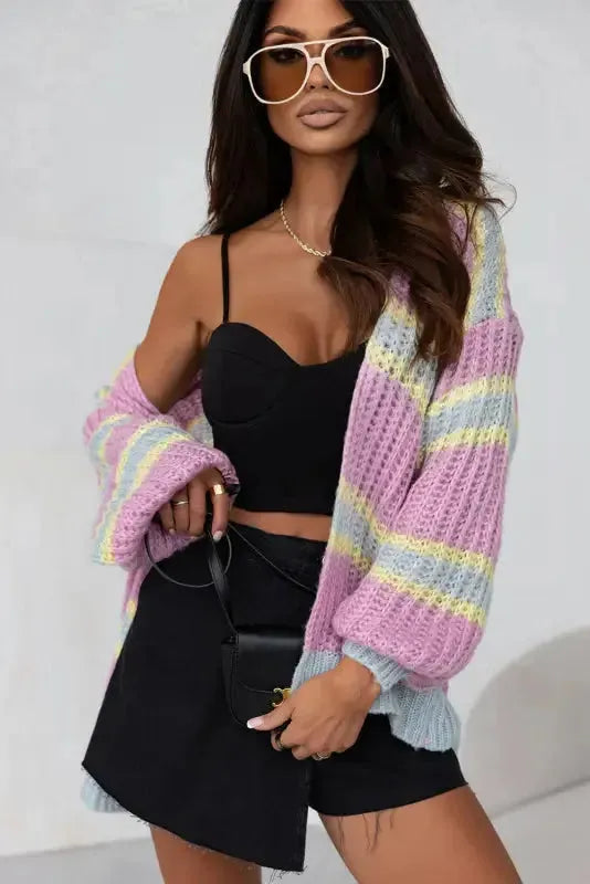 Pink Contrast Striped Open Front Cable Cardigan - Fashionfitz