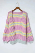 Pink Contrast Striped Open Front Cable Cardigan - Fashionfitz