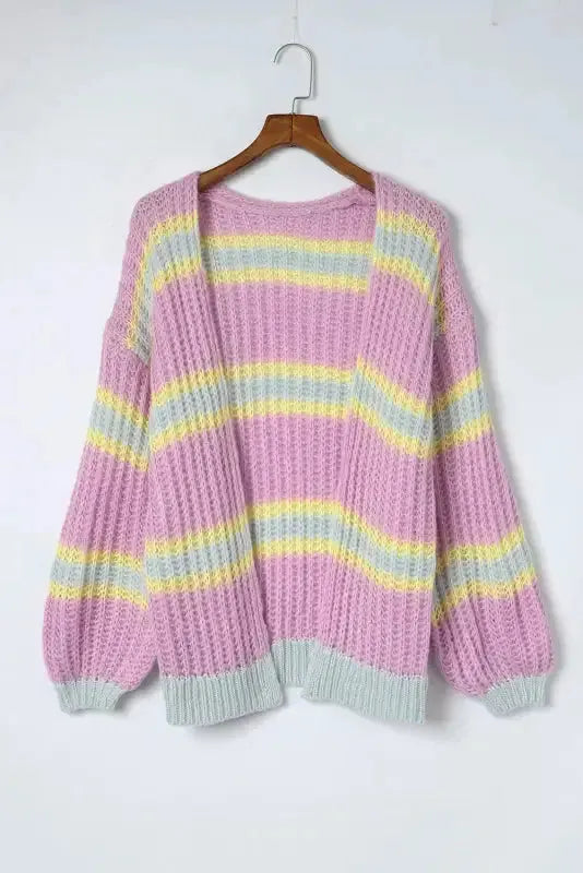 Pink Contrast Striped Open Front Cable Cardigan - Fashionfitz