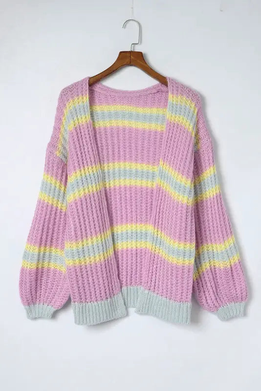 Pink contrast striped open front cable cardigan - sweaters & cardigans