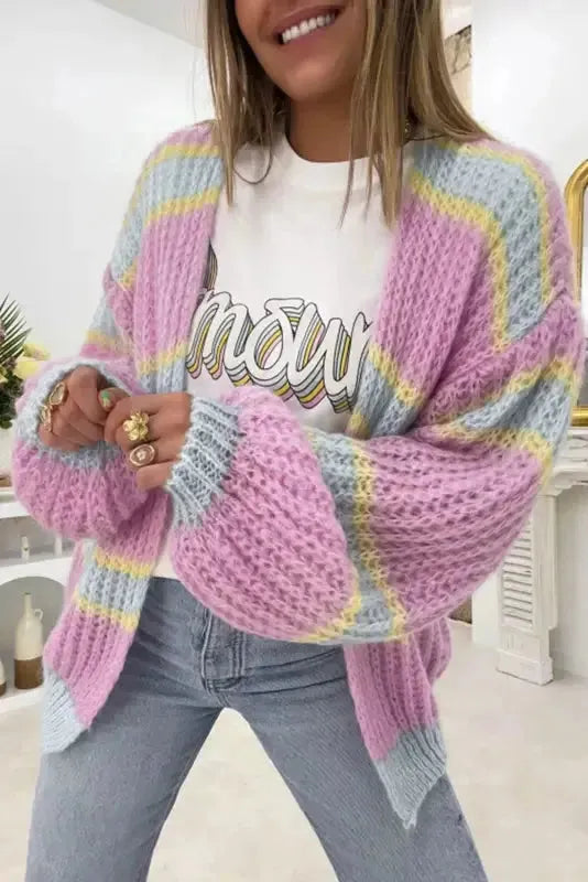 Pink Contrast Striped Open Front Cable Cardigan - Fashionfitz