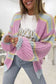 Pink contrast striped open front cable cardigan - sweaters & cardigans