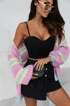 Pink Contrast Striped Open Front Cable Cardigan - Fashionfitz