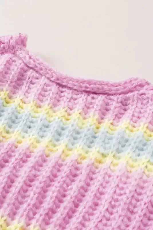 Pink Contrast Striped Open Front Cable Cardigan - Fashionfitz