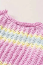 Pink Contrast Striped Open Front Cable Cardigan - Fashionfitz