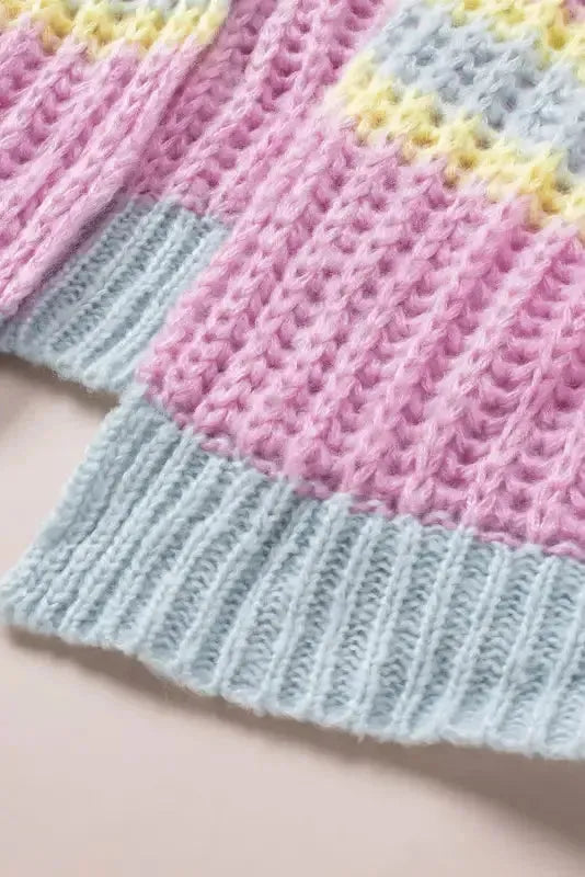 Pink Contrast Striped Open Front Cable Cardigan - Fashionfitz