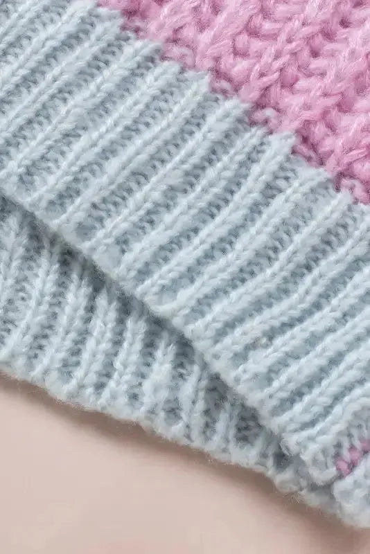 Pink Contrast Striped Open Front Cable Cardigan - Fashionfitz