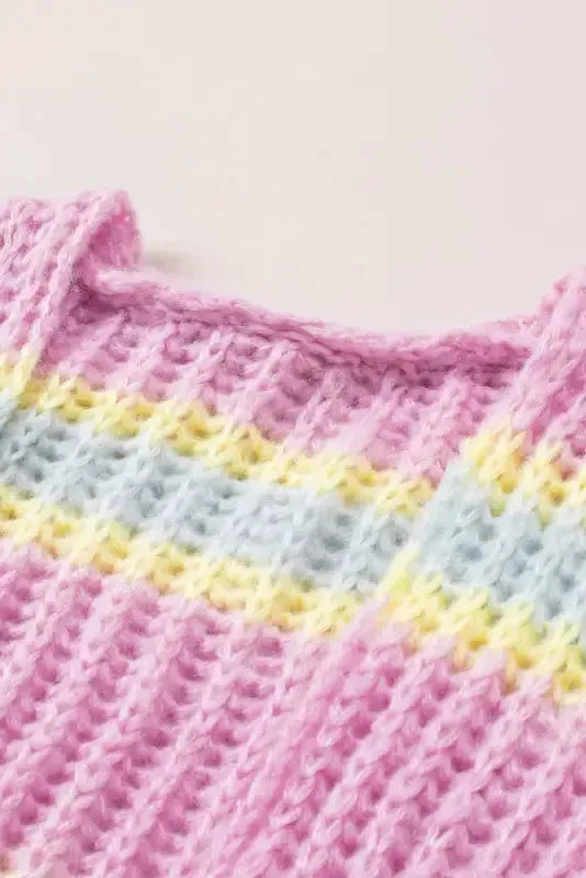 Pink Contrast Striped Open Front Cable Cardigan - Fashionfitz