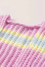 Pink Contrast Striped Open Front Cable Cardigan - Fashionfitz