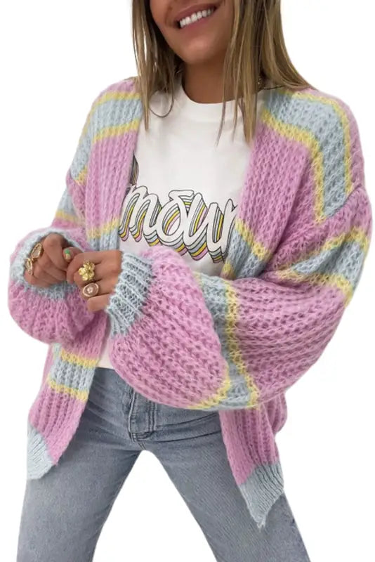 Pink contrast striped open front cable cardigan - sweaters & cardigans