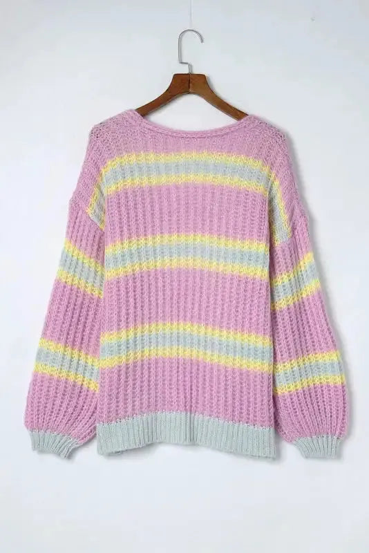 Pink Contrast Striped Open Front Cable Cardigan - Fashionfitz