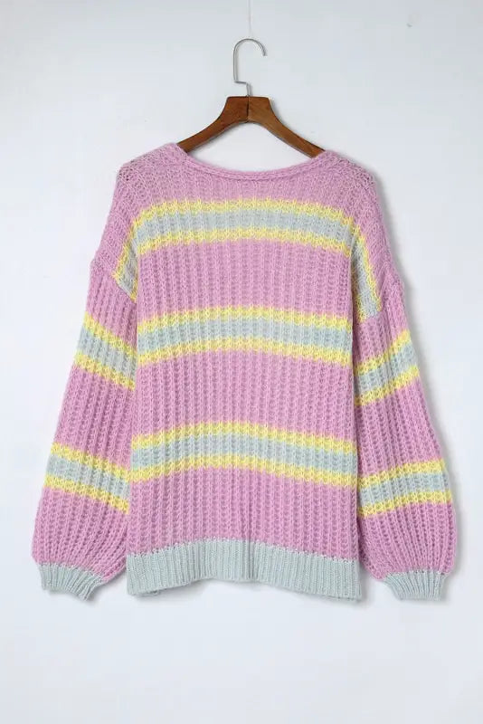 Pink contrast striped open front cable cardigan - sweaters & cardigans