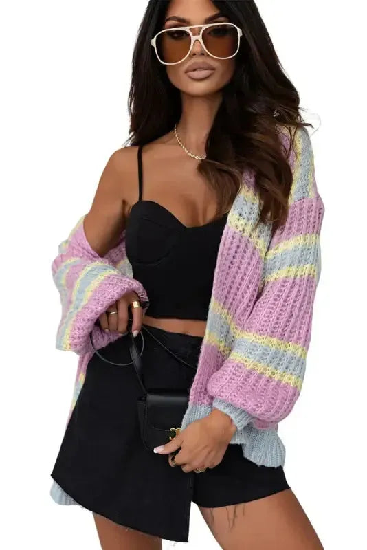 Pink Contrast Striped Open Front Cable Cardigan - Fashionfitz