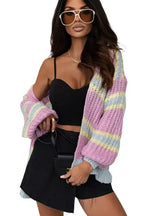 Pink Contrast Striped Open Front Cable Cardigan - Fashionfitz