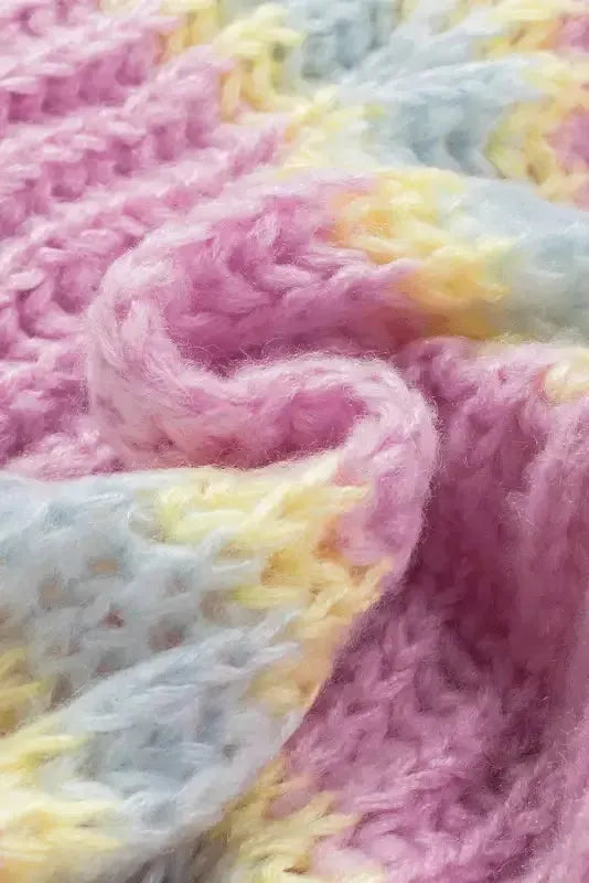 Pink Contrast Striped Open Front Cable Cardigan - Fashionfitz