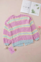 Pink Contrast Striped Open Front Cable Cardigan - Fashionfitz