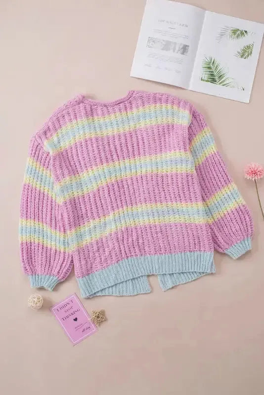 Pink Contrast Striped Open Front Cable Cardigan - Fashionfitz