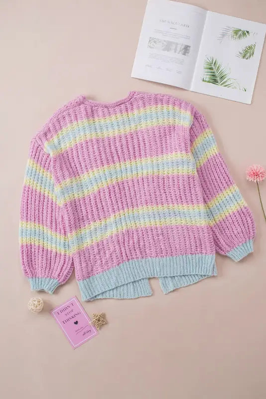 Pink contrast striped open front cable cardigan - sweaters & cardigans