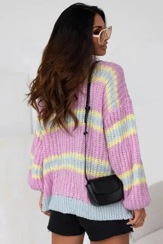 Pink Contrast Striped Open Front Cable Cardigan - Fashionfitz