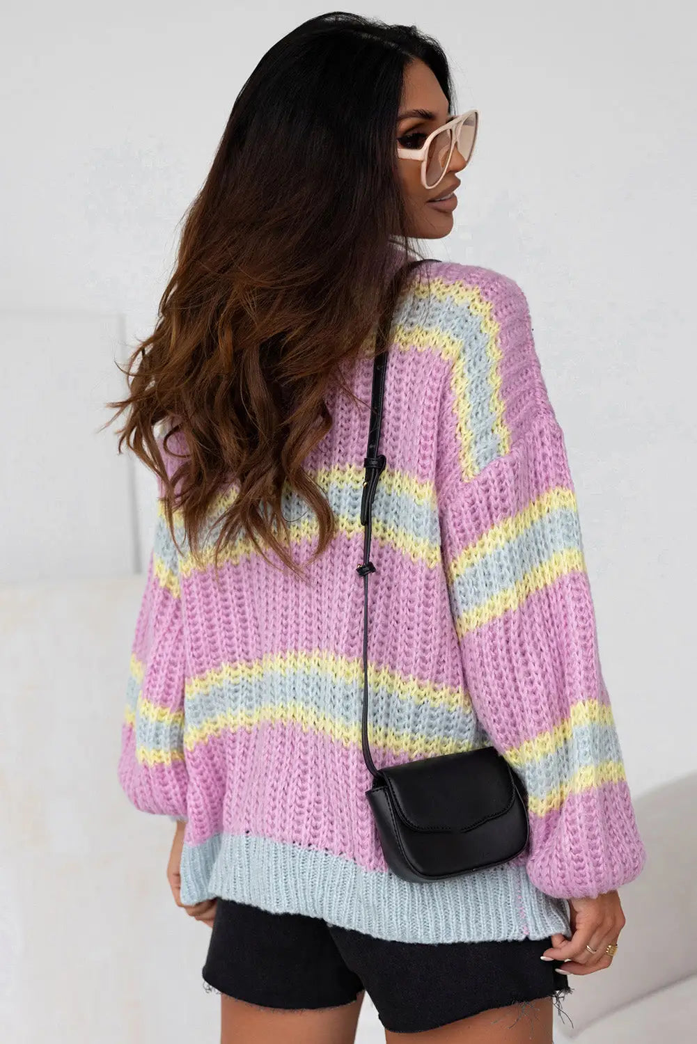 Pink contrast striped open front cable cardigan - sweaters & cardigans