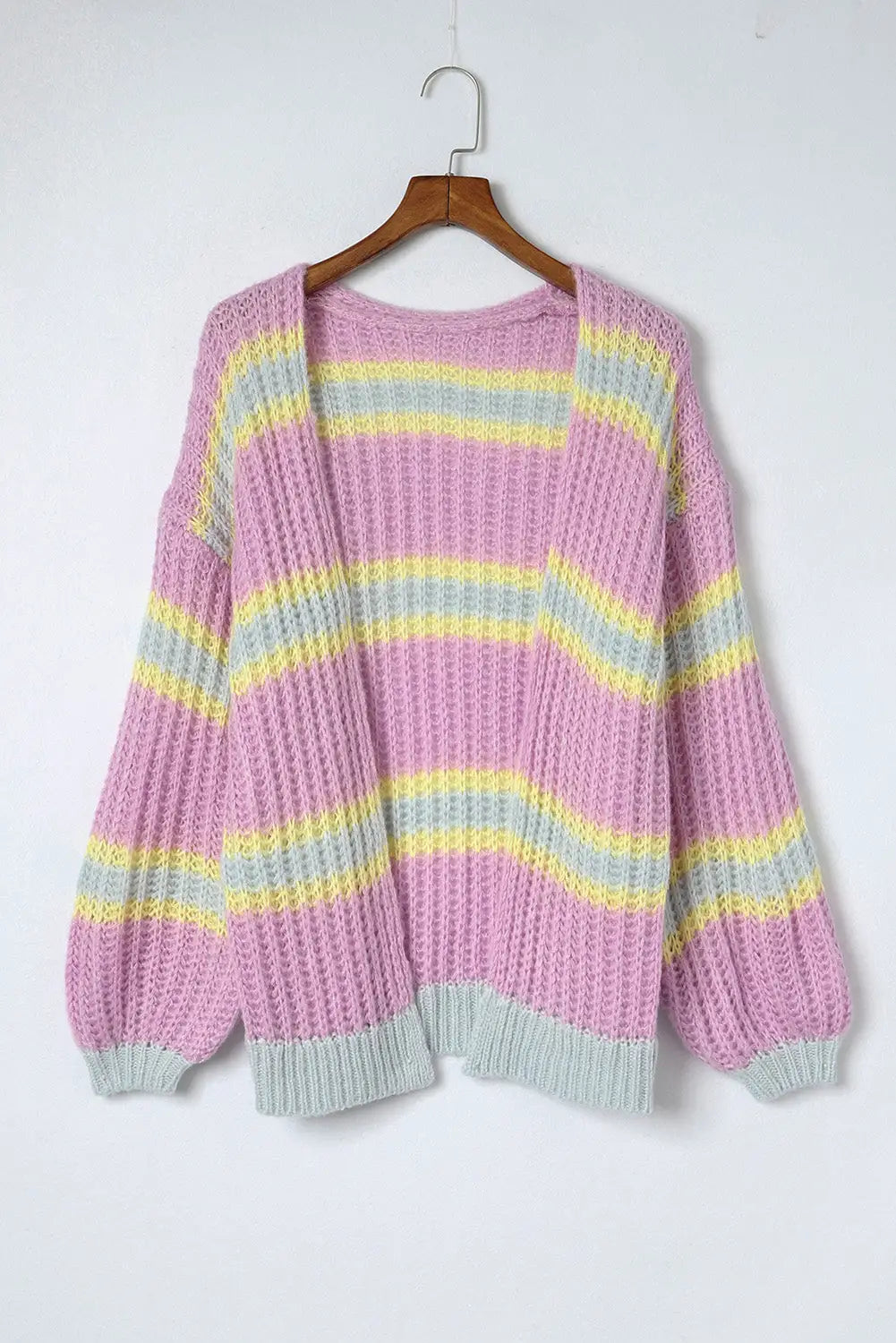 Pink contrast striped open front cable cardigan - sweaters & cardigans