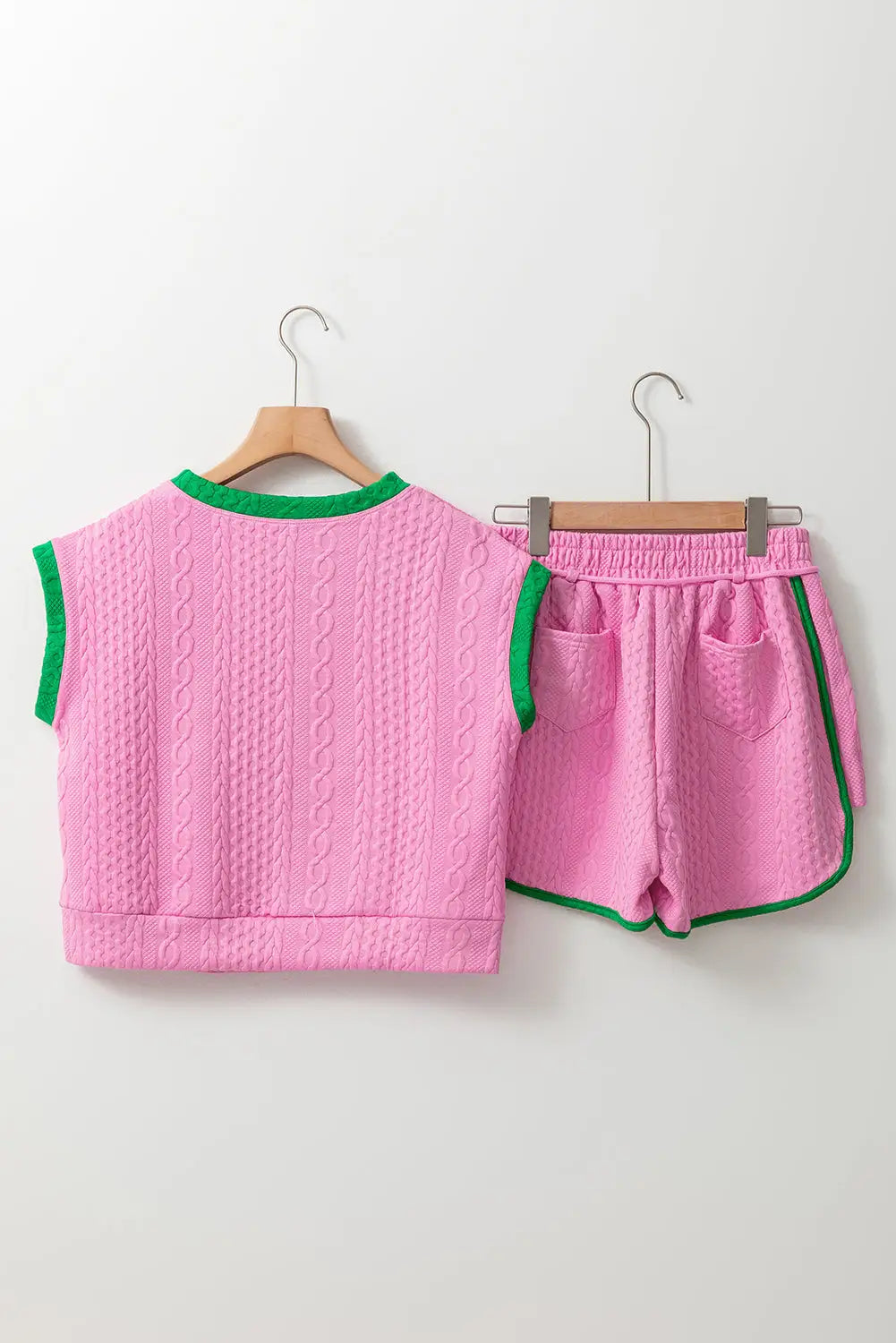 Pink contrast trim cable textured shorts set - two piece sets/short sets